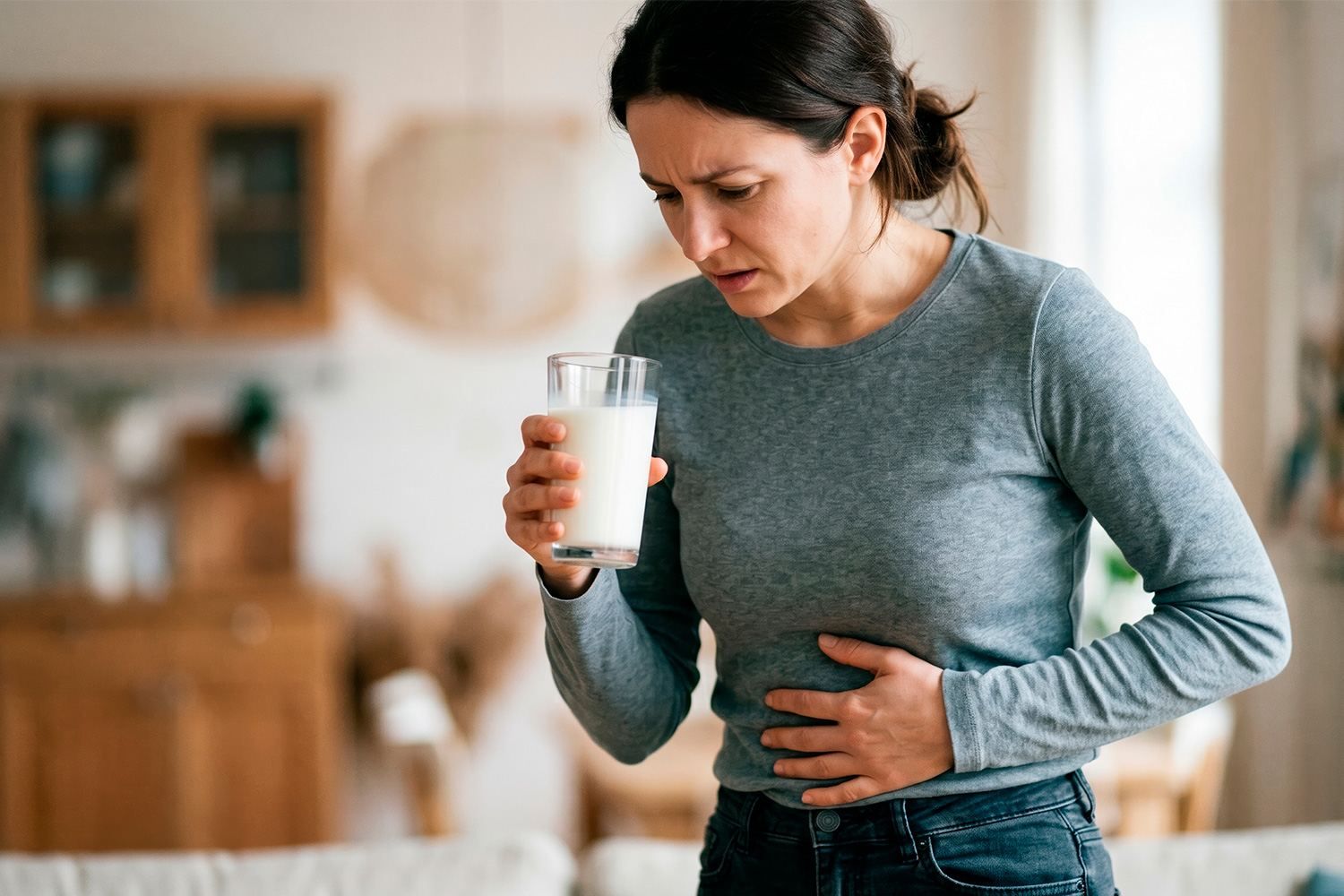 Persona con molestias abdominales después de consumir productos lácteos. 